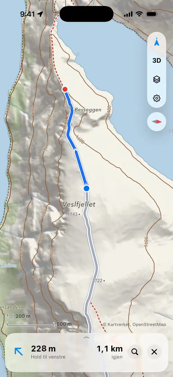 Navigasjon langs stien over Besseggen i iLende på iPhone