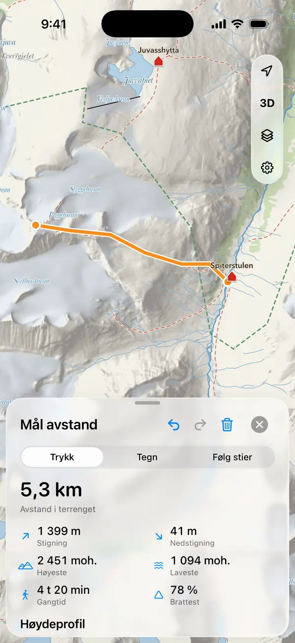 Måling fra Spiterstulen mot Galdhøpiggen i iLende på iPhone