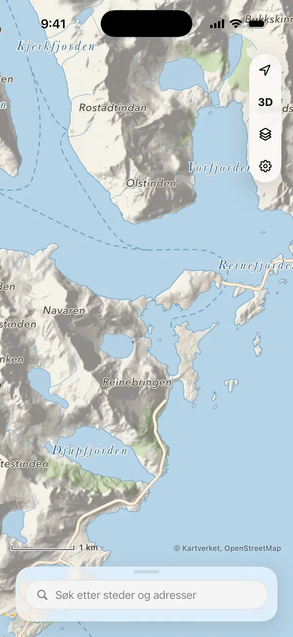 Et område ved Reine i Lofoten lastes ned i iLende på iPhone