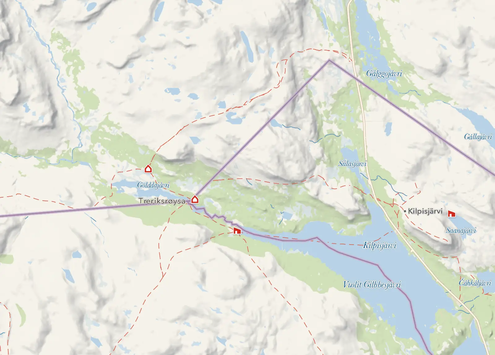 Kartet ved Treriksrøysa, der Norge, Sverige og Finland møtes